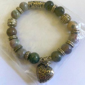 NEW! Custom Made Silver Mix Round Shape Stones Stretch Bracelet with Heart Charm